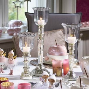 Glas-Windlicht 3er Set auf Fuß, silber-klar