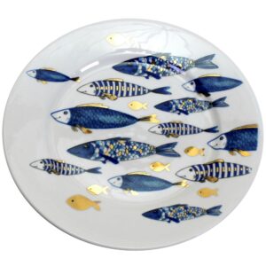 Geschirr Teller „Blue Fish“ in weiß blau mit Goldauflage