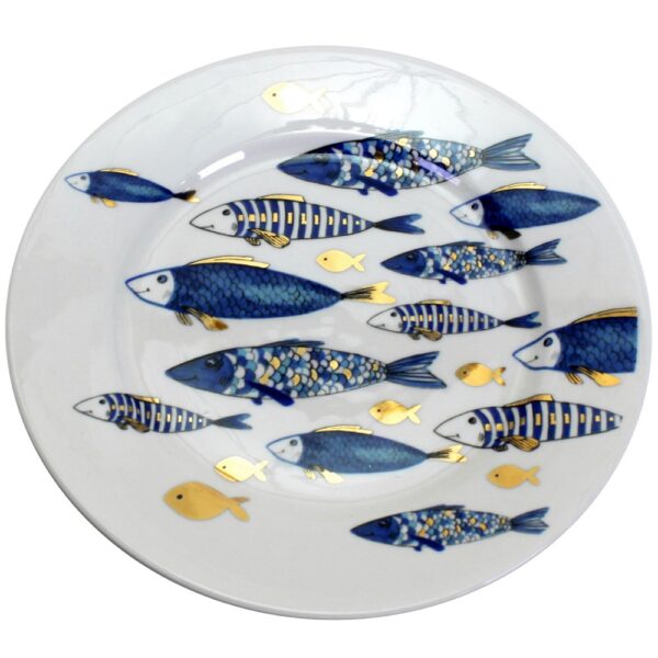 Geschirr Teller „Blue Fish“ in weiß blau mit Goldauflage