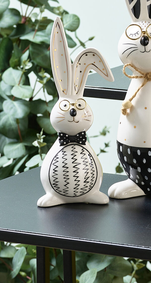 Keramik Hase mit Brille schwarz-​weiß mit Fliege